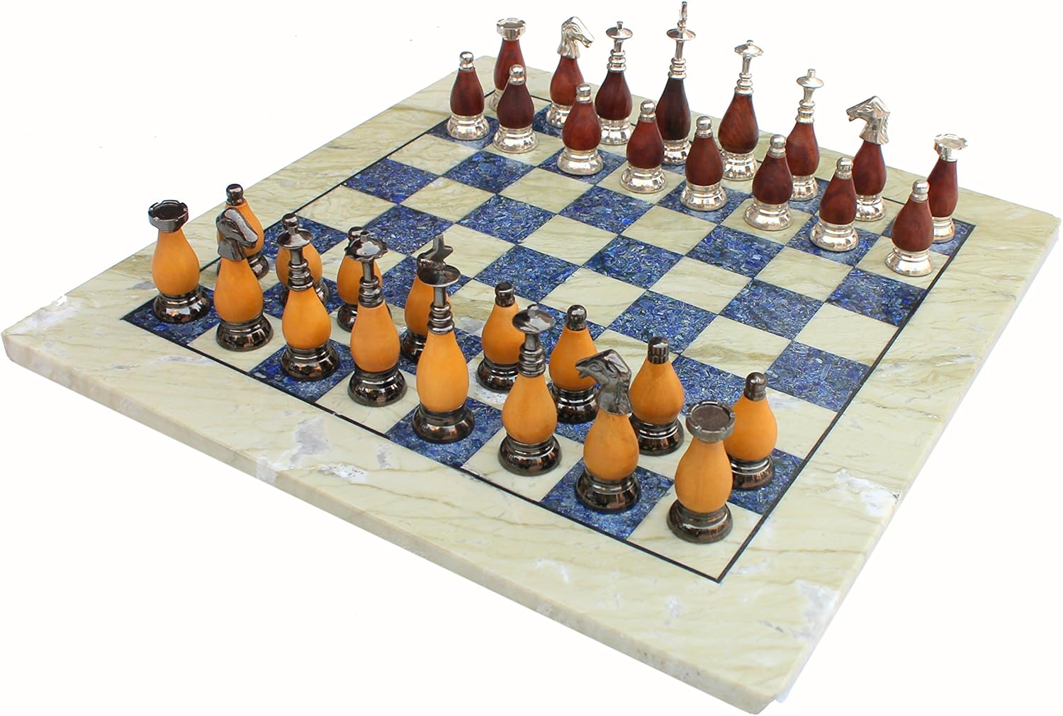 StonKraft Collectible Australian Marble and Lapis Lazuli Chess Board Set + Brass Chess Pieces Pawns - Decorative Stone Chess - 15" Inches