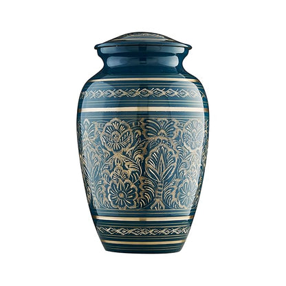 Esplanade Brass Urn for Ashes Adult Male Female – 9" Cremation Urn for Human Ashes, Full Size Large Urn, Geometric Floral Navy Blue Colour, Funeral Vase with Velvet Bag - for 65kg Adult