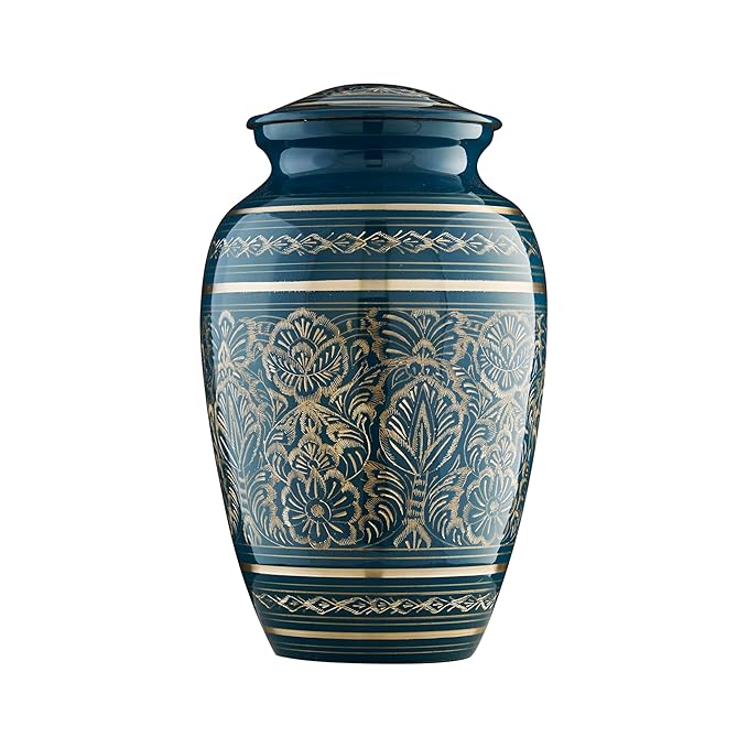 Esplanade Brass Urn for Ashes Adult Male Female – 9" Cremation Urn for Human Ashes, Full Size Large Urn, Geometric Floral Navy Blue Colour, Funeral Vase with Velvet Bag - for 65kg Adult