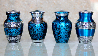 eSplanade Metal Mini Cremation Urn Keepsake Memorial Jar Pot Container - Set of 4 | Small Urns for Funeral Ashes Burial | Engraved and Textured Keepsakes | Blue - 3" Inches