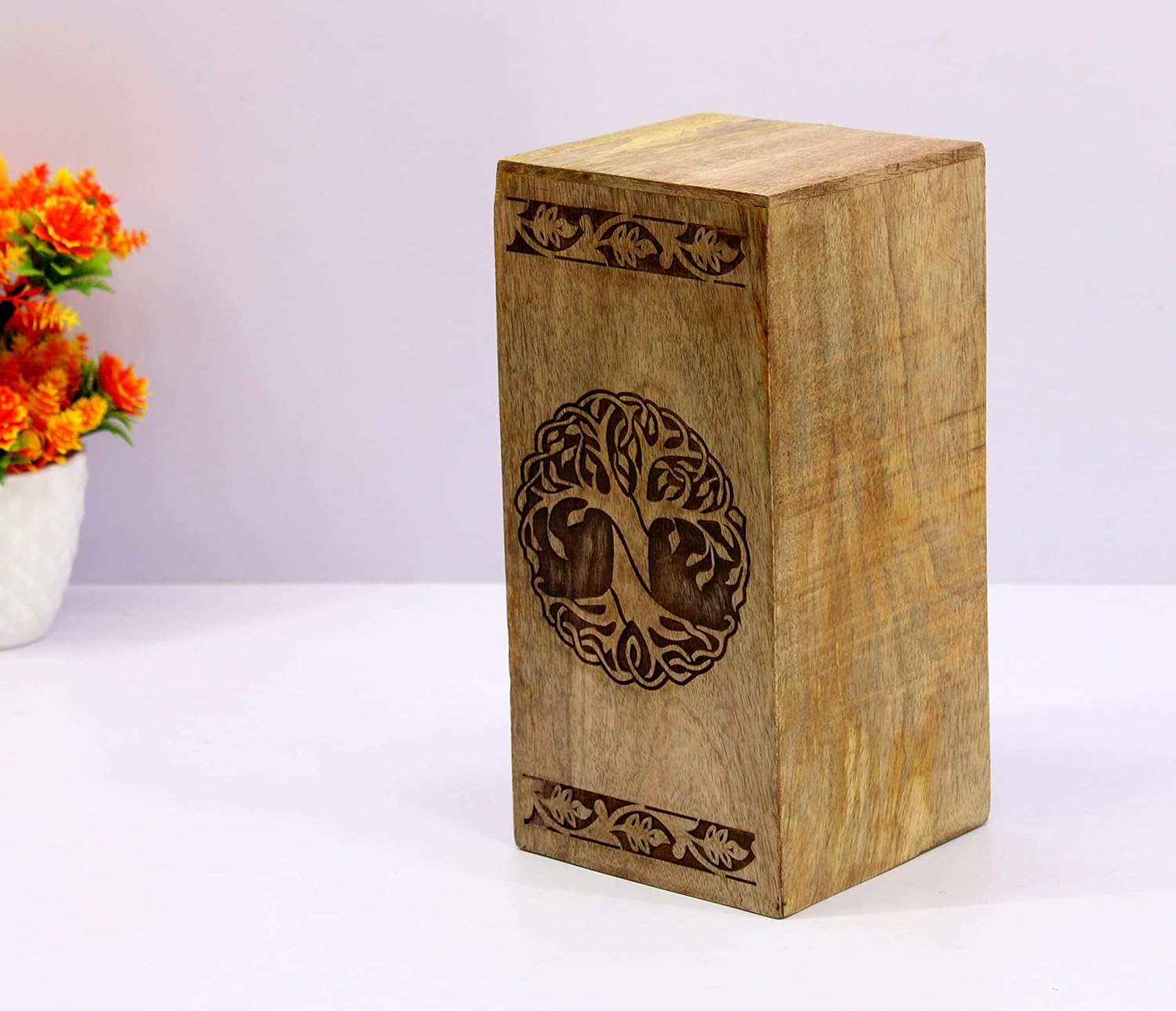 eSplanade Wooden Cremation Urn Memorial Jar Pot Container | Full Size Urn for Funeral Ashes Burial | Tree of Life Engraved Wooden Urn | Beige & Brown- 10" Inches