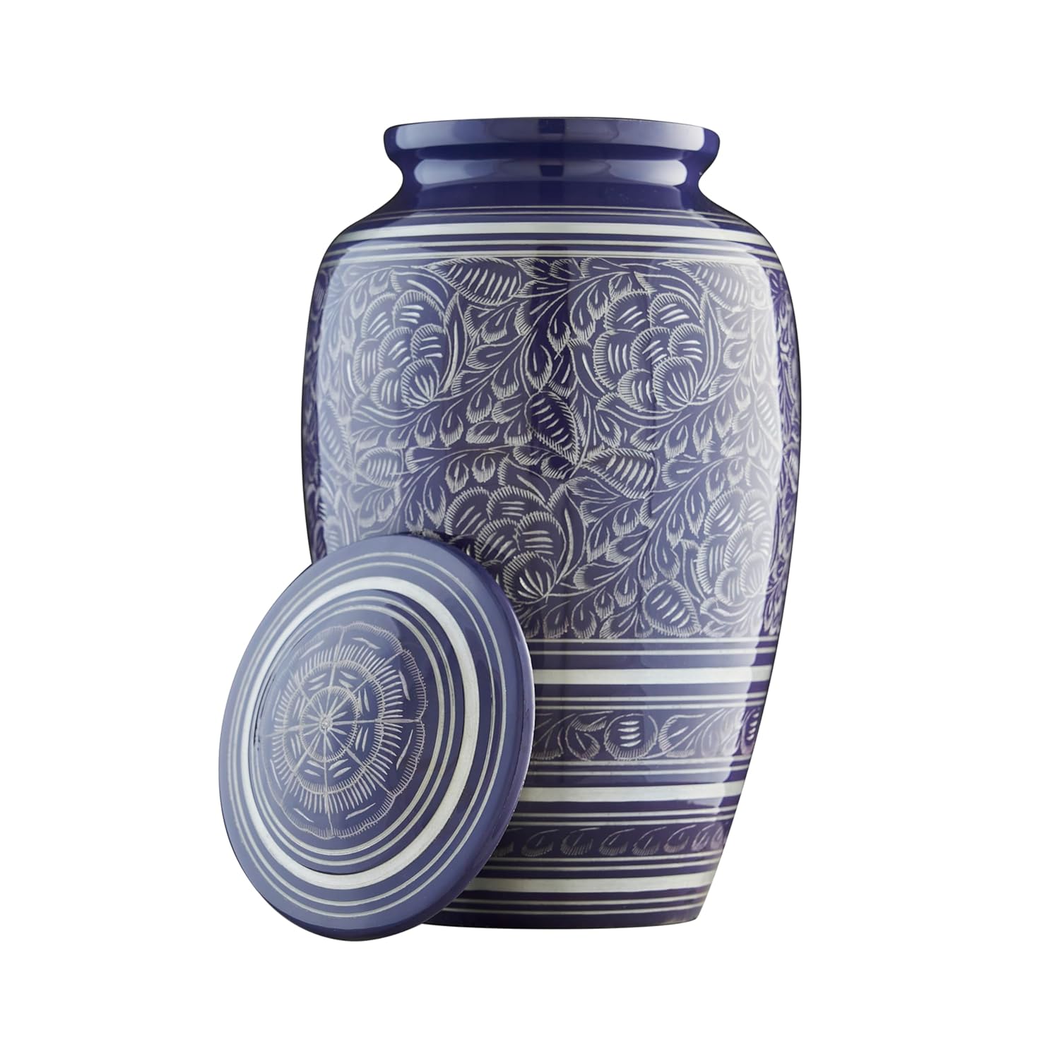 Esplanade Metal Urn for Ashes Adult Male Female – 10" Cremation Urn for Human Ashes, Full Size Large Urn, Engraved Geometric Floral Blue Colour, Funeral Vase with Velvet Bag - for 80kg Adult
