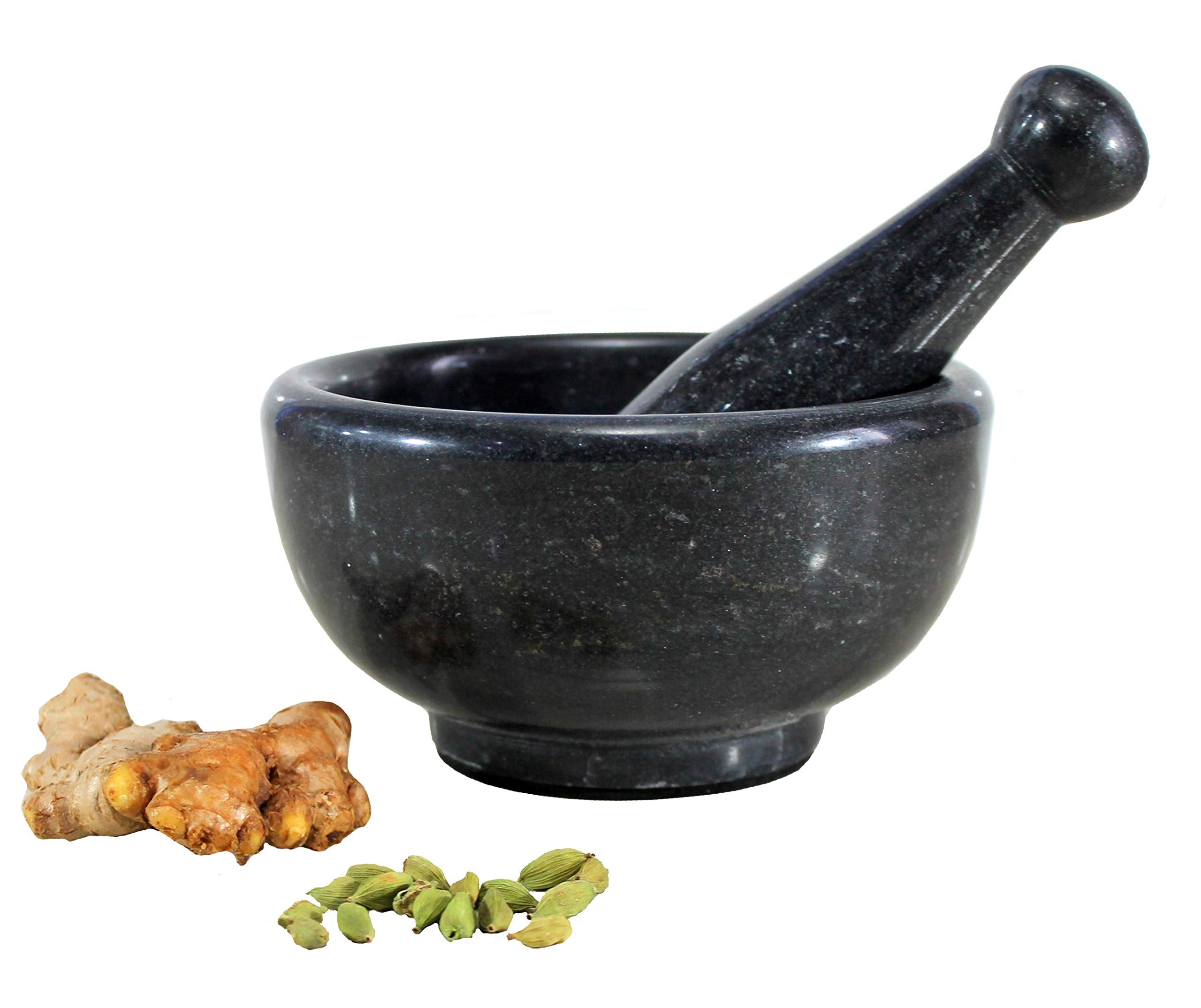 KLEO 6" Wide (BIG SIZE) Natural Stone Mortar and Pestle Set as Spice Grinder Medicine Masher - Okhli And Musal (Black & White)