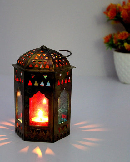 eSplanade Moroccan Lantern | Metal Hanging Lamp with Multi-colour Glass | Tealight Candle Holder - 6" Inches