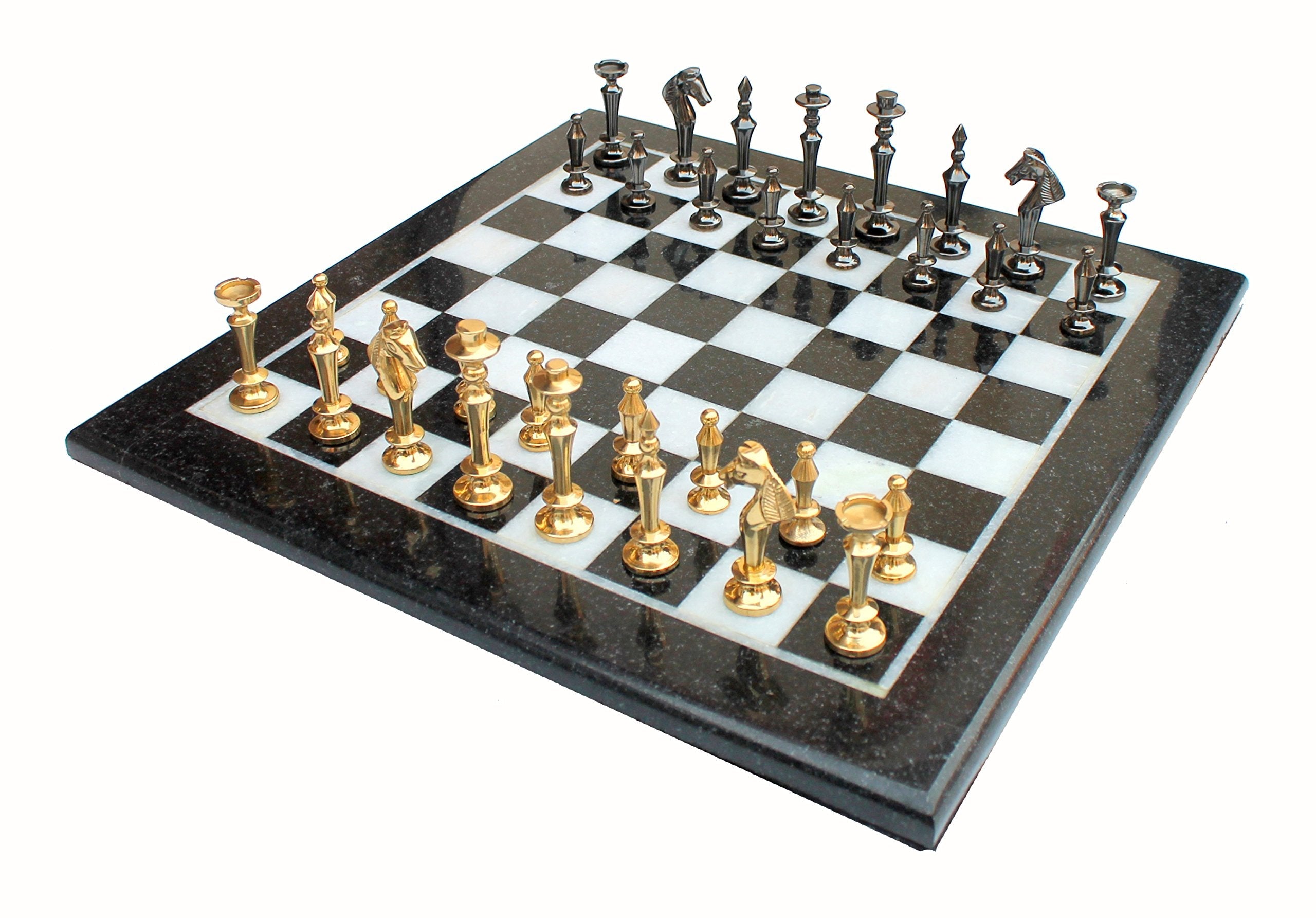 StonKraft Collectible Black & White Marble Chess Board Set + Brass Crafted Chess Pieces Pawns - Decorative Stone Chess - Home Decor - 15" Inches