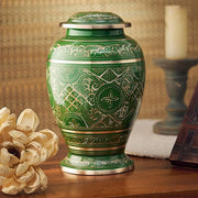 Esplanade Brass Urn for Ashes Adult Male Female – 10" Cremation Urn for Human Ashes, Full Size Large Urn, Engraved Geometric Floral Green Colour, Funeral Vase with Velvet Bag - for 80kg Adult