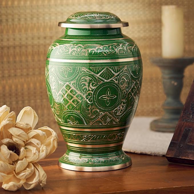 Esplanade Brass Urn for Ashes Adult Male Female – 10" Cremation Urn for Human Ashes, Full Size Large Urn, Engraved Geometric Floral Green Colour, Funeral Vase with Velvet Bag - for 80kg Adult