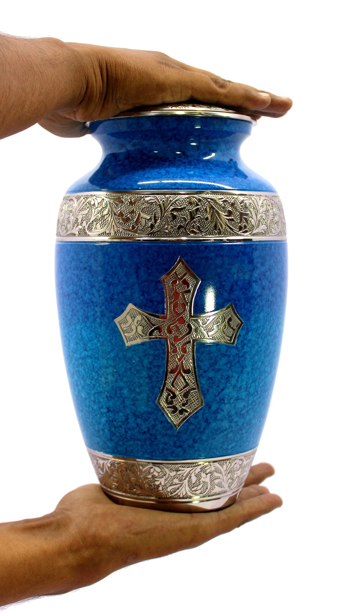 eSplanade Brass Cremation Urn Memorial Jar Pot Container | Full Size Urn for Funeral Ashes Burial | Holy Cross Printed Urn | Black - 10" Inches