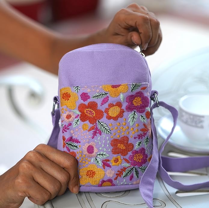 SKAPADORO Canvas Mobile Cross Body Sling Bag for Girls Women,100% Cotton, Embroidery, Zip Closure, Pocket, Adjustable Strap, Compact Everyday Bag - Flowers (Lilac)