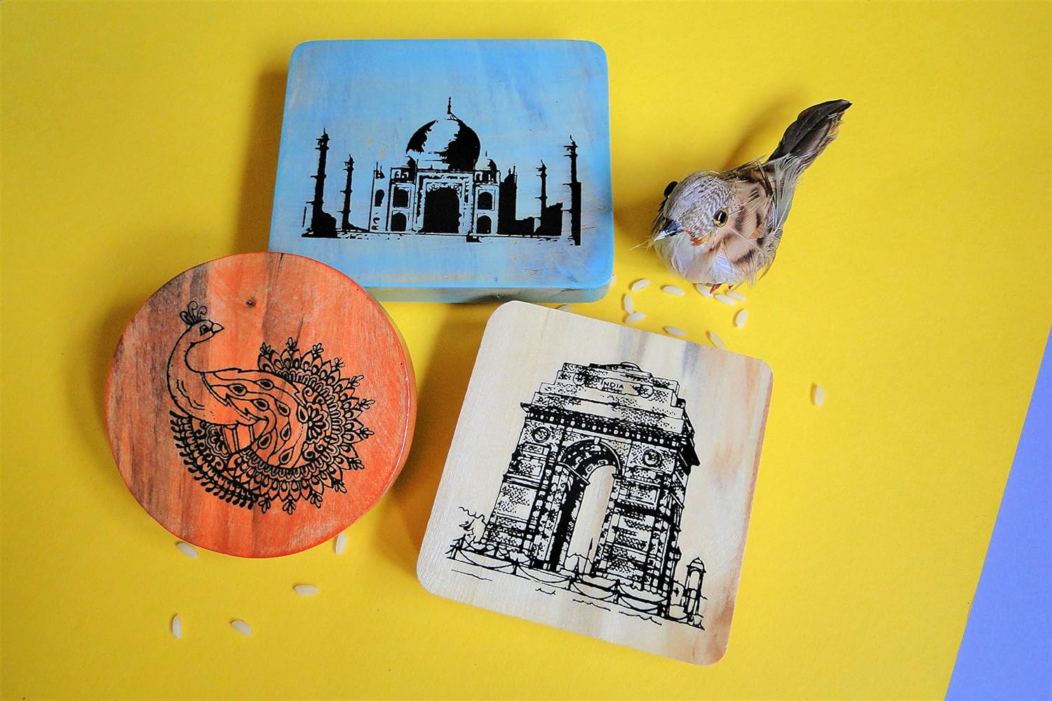 IVEI Wooden Magnets Taj Mahal, India Gate, Peacock Print, Fridge Magnet, Innovative Magnets for Home and Kitchen Decoration - Independence Day Gifts (Set of 3)