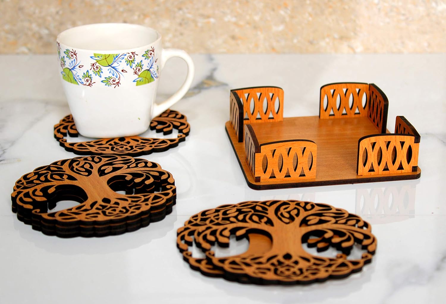 Esplanade Wooden Coasters for DIY Activities,Craft,Decoupage,Painting,Resin Work - 6 Coasters with Holder (Kalpavriksha Tree of Life Design)