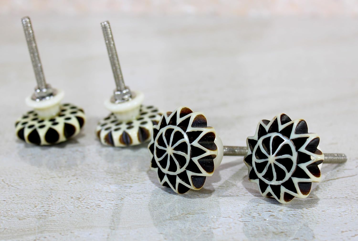 eSplanade Cupboard Cabinet Door Decorative Knobs - Set of 4 | Drawer Handles Cupboard Pulls Almirah Hooks | Round-Floral - Acrylic Plastic - Diameter 4 cms - White-Black (Floral Knob 1-12)