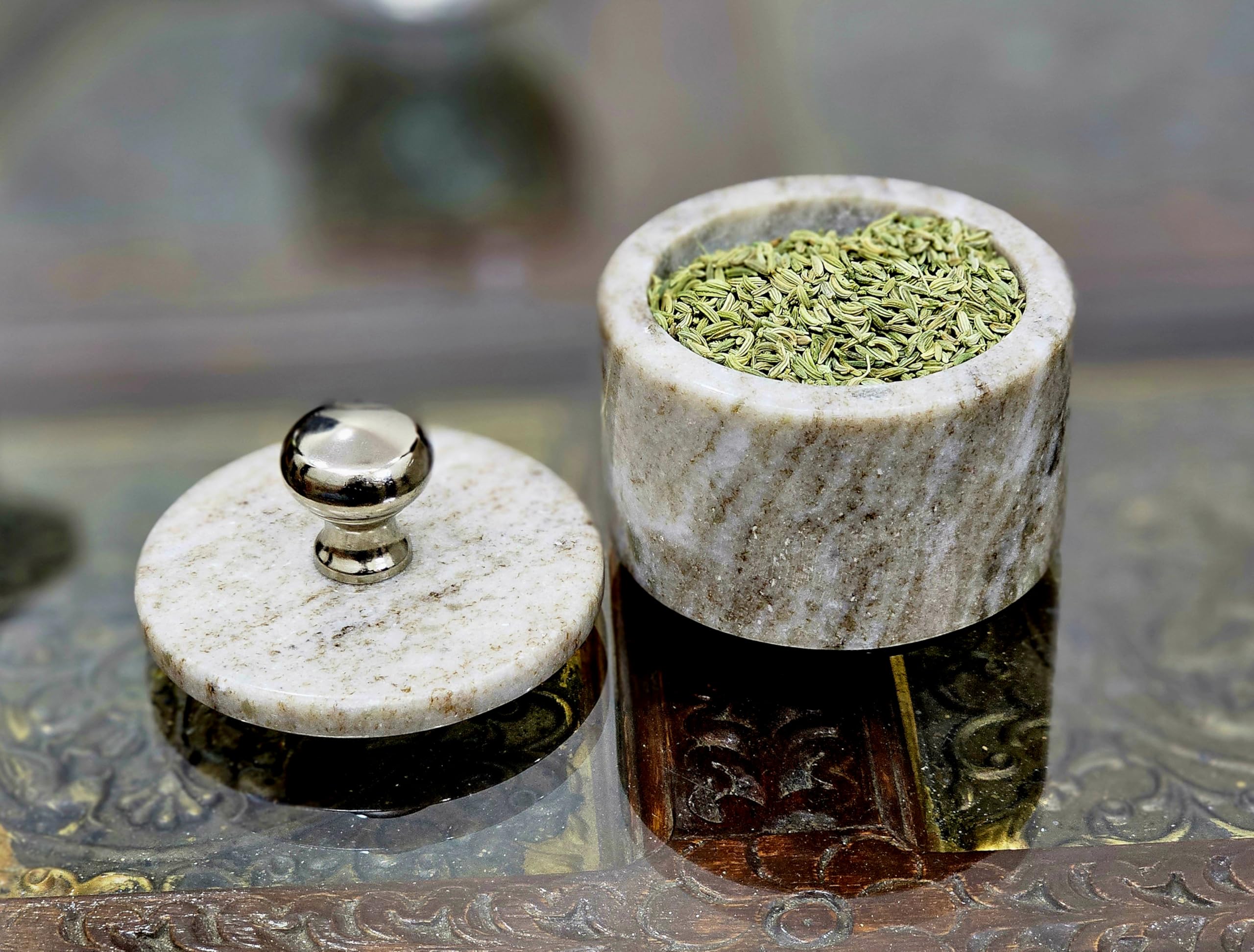 KLEO Marble Salt and Spice Holder with Lid | Small Container | Stone Salt Box/Canister for Kitchen and Dining | Saunf Holder (Beige)