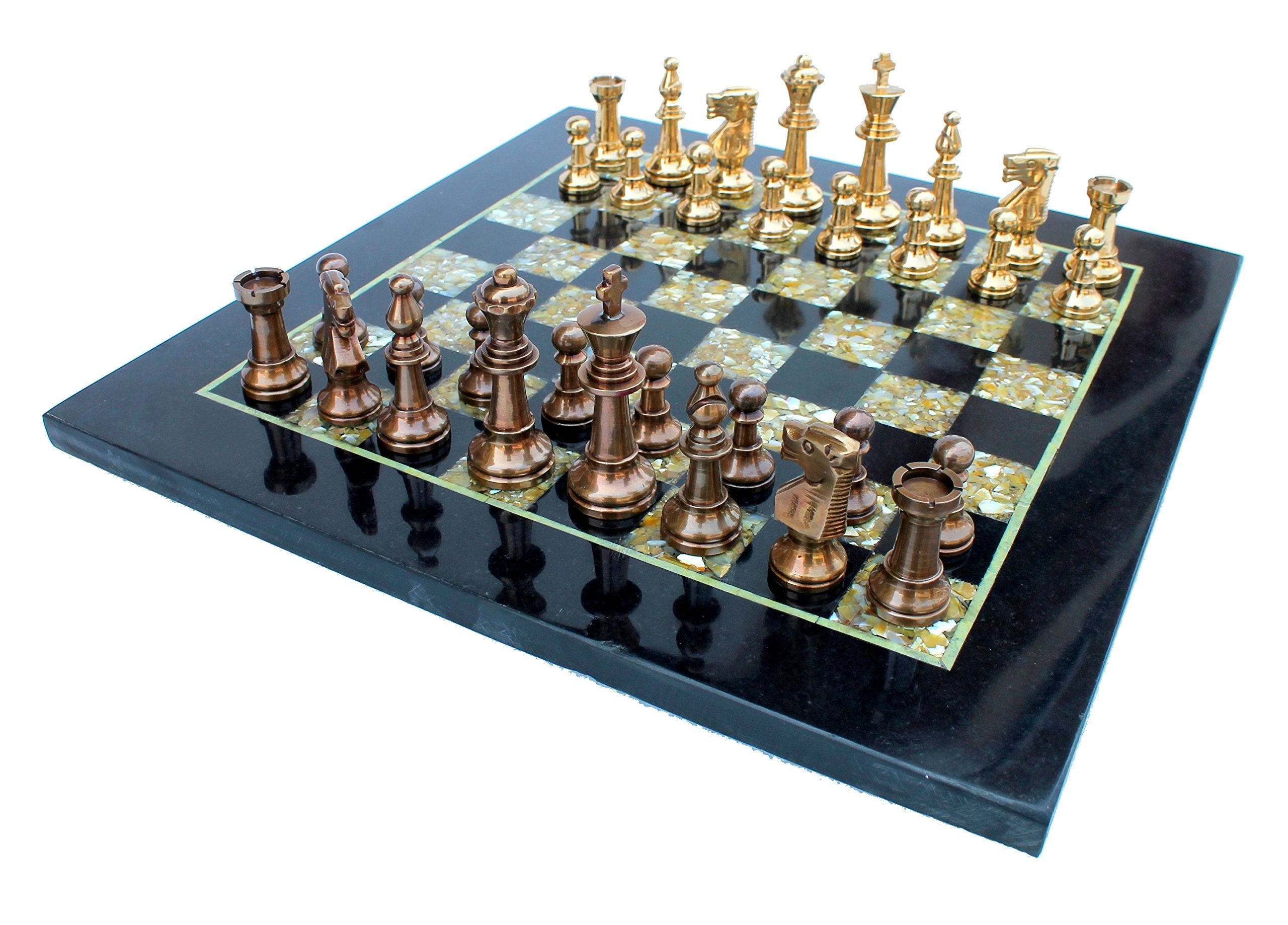 StonKraft Collectiblck e Black Marble & (MOP) Mother of Pearl Chess Board Set + Brass Chess Pieces - Decorative Stone Chess - Home Decor - 15" Inches