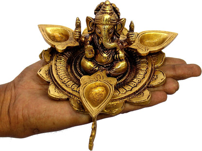 eSplanade Brass Ganesha Ganesh Murti Idol on Lotus with Three Leaves Design Diya Deepak Showpiece - Golden - 4" Inches