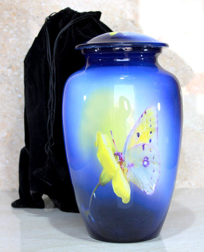 eSplanade Metal Cremation Urn Memorial Jar Pot Container | Full Size Urn for Funeral Ashes Burial | Colorful Butterflies Print | White - 10" Inches