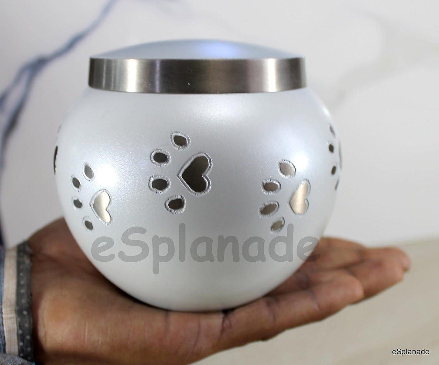 eSplanade Metal Cremation Urn Memorial Jar Pot Container |Standard Size Urn for Funeral Ashes Burial | Round Shape Paws Engraved Metal Urn | White - 4.5" Inches