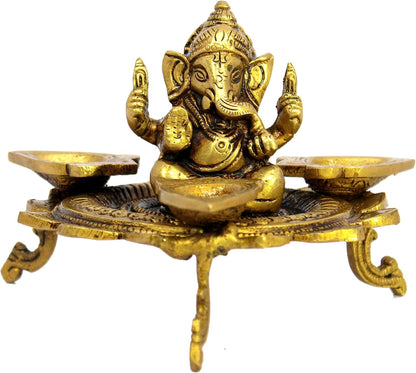 eSplanade Brass Ganesha Ganesh Murti Idol on Lotus with Three Leaves Design Diya Deepak Showpiece - Golden - 4" Inches