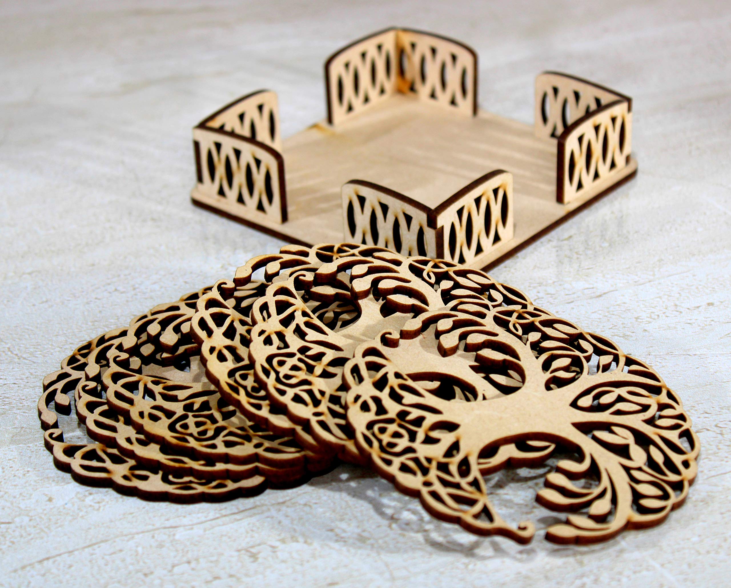 Esplanade Wooden Coasters for DIY Activities,Craft,Decoupage,Painting,Resin Work - 6 Coasters with Holder (Kalpavriksha Tree of Life Design)