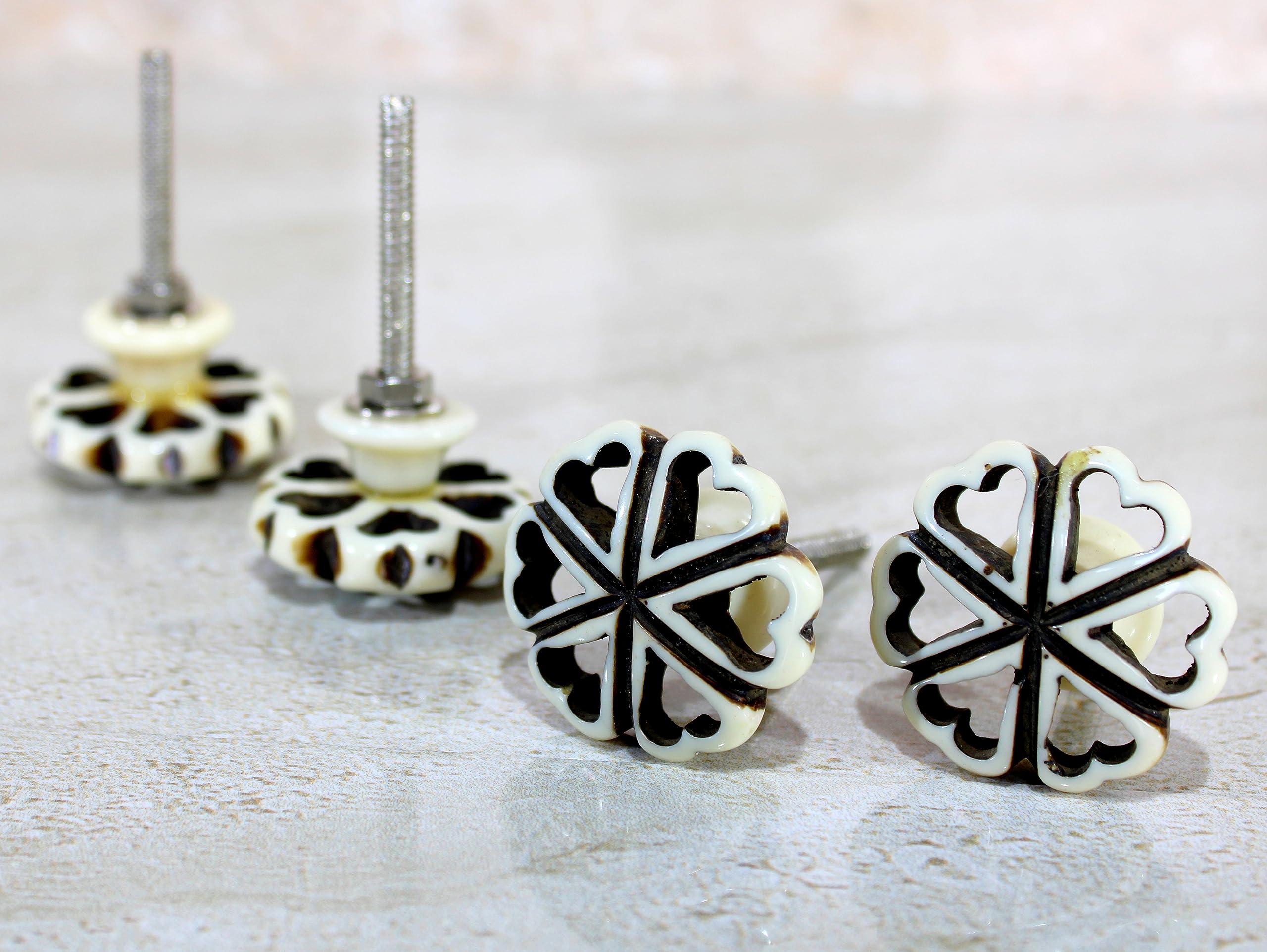 eSplanade Cupboard Cabinet Door Decorative Knobs - Set of 4 | Drawer Handles Cupboard Pulls Almirah Hooks | Round-Floral - Acrylic Plastic - Diameter 4 cms - White-Black (Floral Knob 1-12)