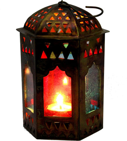 eSplanade Moroccan Lantern | Metal Hanging Lamp with Multi-colour Glass | Tealight Candle Holder - 6" Inches