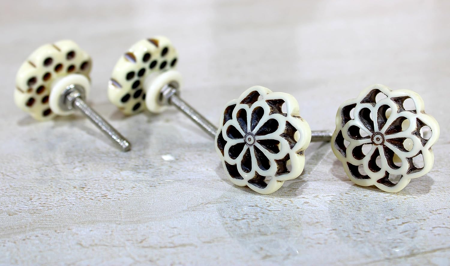 eSplanade Cupboard Cabinet Door Decorative Knobs - Set of 4 | Drawer Handles Cupboard Pulls Almirah Hooks | Round-Floral - Acrylic Plastic - Diameter 4 cms - White-Black (Floral Knob 1-12)