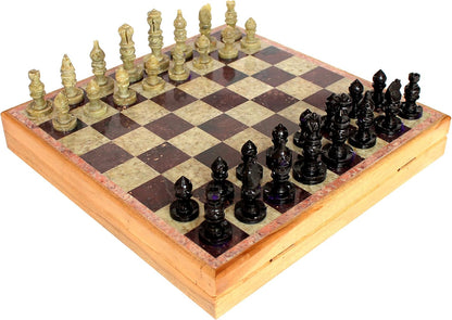 StonKraft Handcarved Chess Board with Wooden Base - Stone Inlaid Work - Chess Game Board Set