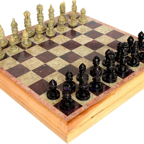 StonKraft - 12x12 Stone Wooden Chess Game Board Set + Hand Crafted Pawns