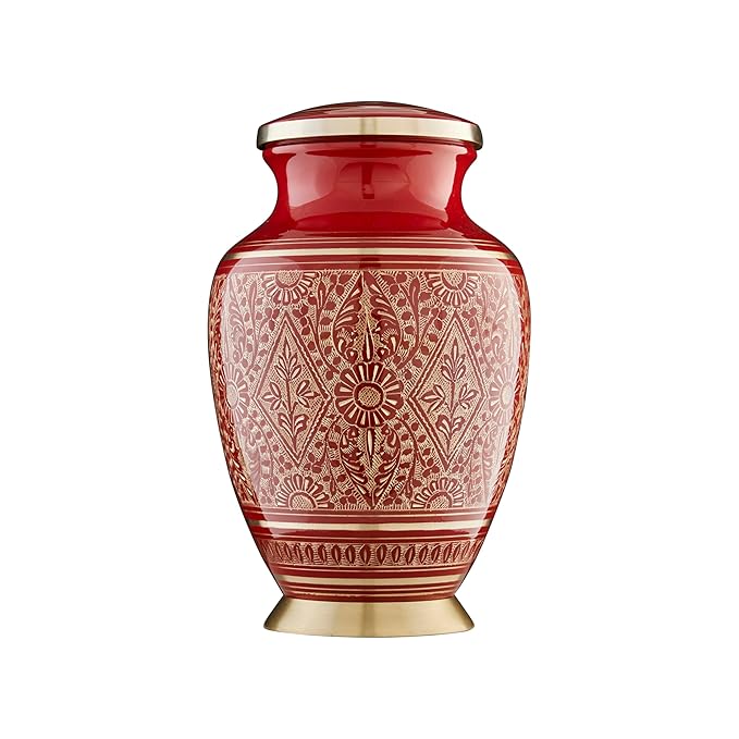 ESPLANADE Brass Urn for Ashes Adult Male Female – 10" Cremation Urn for Human Ashes, Full Size Large ERN, Engraved Geometric Floral Red Colour, Funeral Vase with Velvet Bag - for 80kg Adult