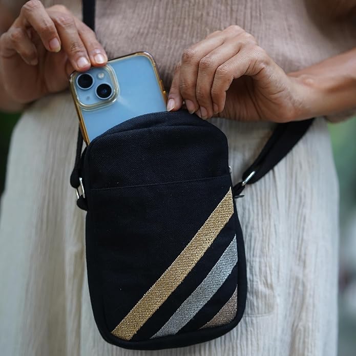 SKAPADORO Canvas Mobile Cross Body Black Sling Bag for Women Girls,100% Cotton, Embroidery, Zip Closure, Pocket, Adjustable Strap, Compact Everyday Bag - Day to Night (Black)