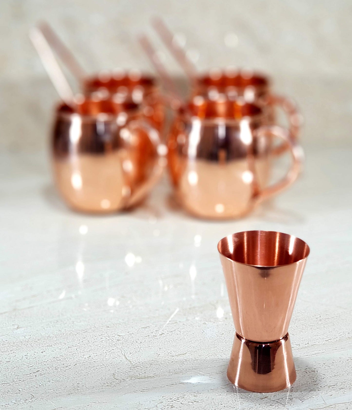 eSplanade Moscow Mule Cocktail Copper Mugs - Set of 4 Mugs, 4 Copper Straws, and a Peg Measurer (HAMMERED BRASS HANDLE)