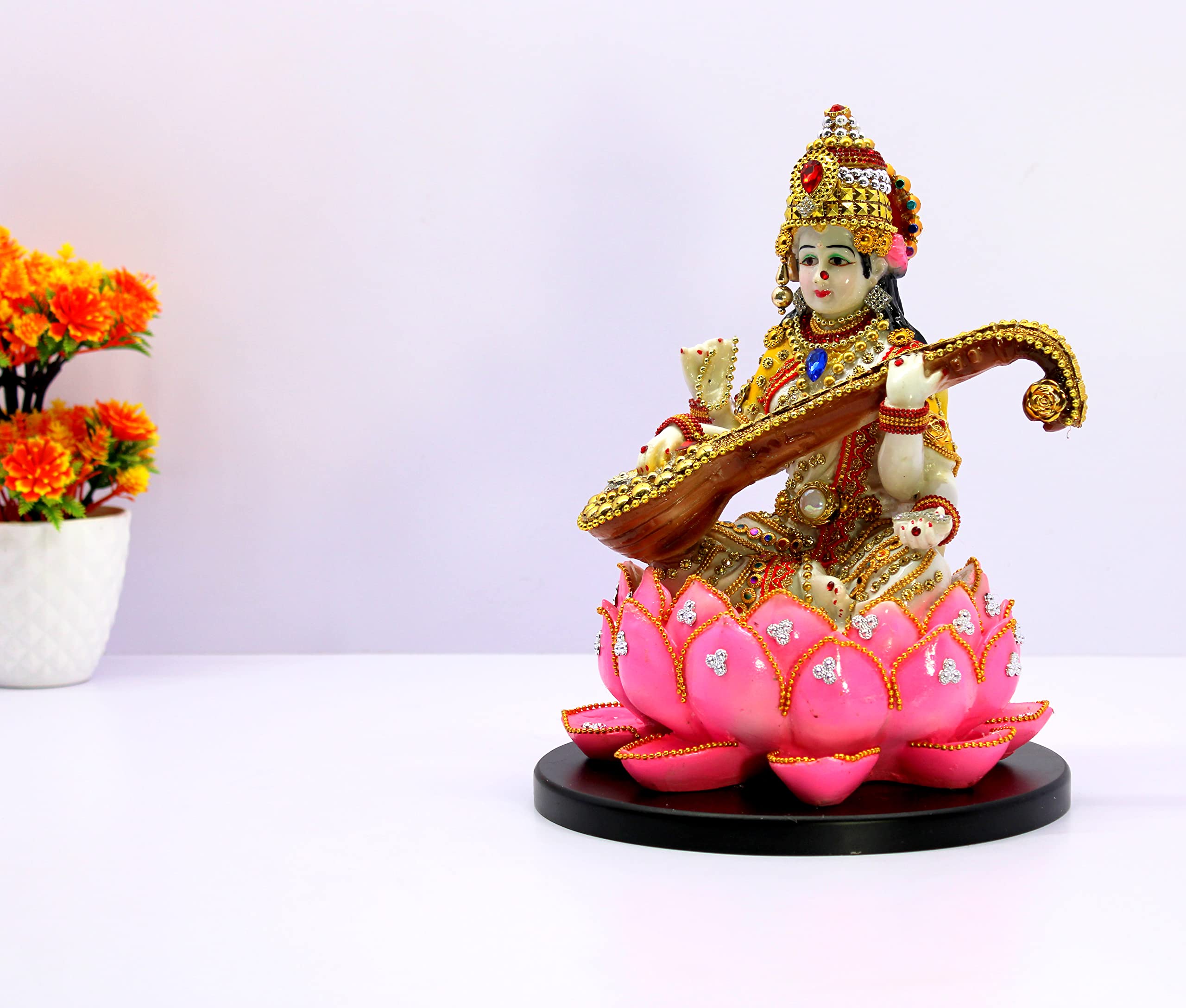 eSplanade Saraswati on Lotus | Saraswati Goddess Murti Idol Statue Sculpture Figurine - Resin - Multi - 10.5" & 7" Inches