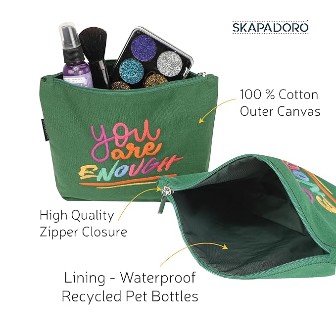 Skapadoro Travel Cosmetic Makeup Pouch Kit for Girls Women, Cotton with Waterproof Recycled Lining Set of 2 - Make-up Pouch, Toiletries Kit (Green)