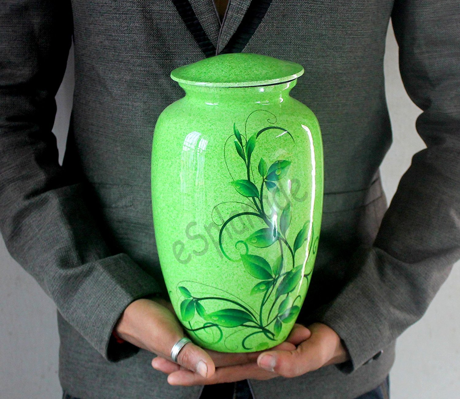 eSplanade Metal Cremation Urn Memorial Jar Pot Container | Full Size Urn for Funeral Ashes Burial | Swirl Flower Print | White - 10" Inches