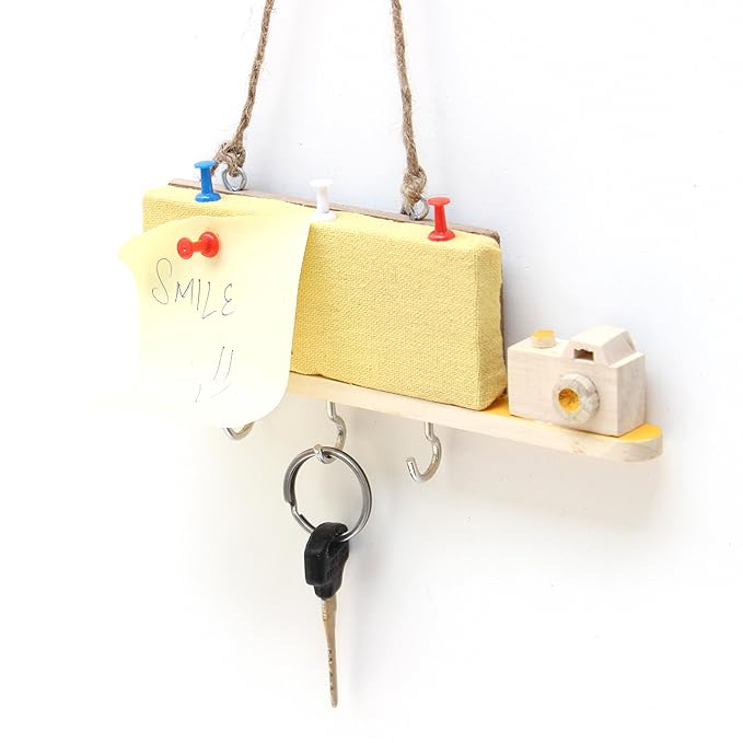 ESPLANADE Key Holder with Mini Pinboard - Stylish Wooden Key Holder with Pin-up Board - Key Organizer Wall Hooks - for Wall/Home/Office Decor with Handcrafted Camera - Yellow
