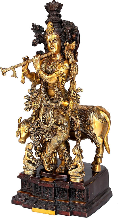 eSplanade Brass Krishna with Cow, Gopal, Kishan Thakurji Murti Idol Statue Sculpture or Pooja Idols for Home Decor (Very Big Size' 31" inches)