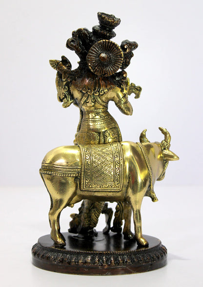 eSplanade Brass - Krishna with Cow Krishan Kishan Murti Idol Statue Sculpture | Pooja Idols | Home Decor -10" Inches - Golden Brown