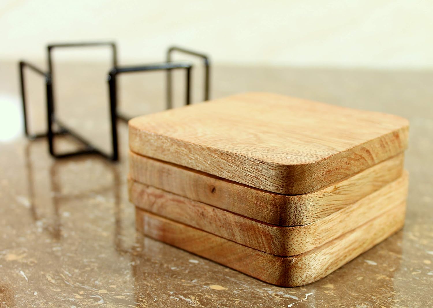 StonKraft Wood Wooden Tea Coffee Coasters Coaster Set Coasters with Wrought Iron Holder (4 In Square with Iron Holder)