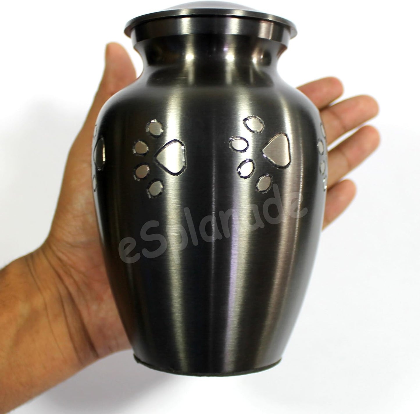 eSplanade Mini Cremation Urn Memorial Jar Pot Container | Small Keepsake for Funeral Ashes Burial | Silver Paws Printed Metal Keepsake | Black - 4.5" Inches