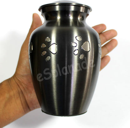 eSplanade Mini Cremation Urn Memorial Jar Pot Container | Small Keepsake for Funeral Ashes Burial | Silver Paws Printed Metal Keepsake | Black - 4.5" Inches