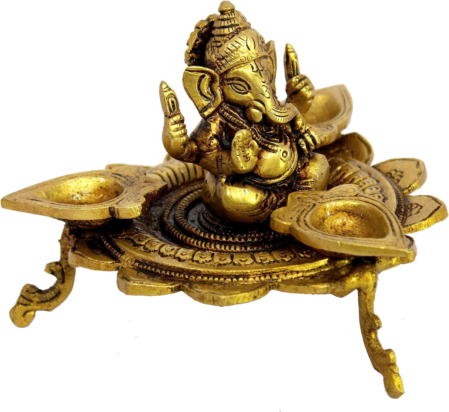 eSplanade Brass Ganesha Ganesh Murti Idol on Lotus with Three Leaves Design Diya Deepak Showpiece - Golden - 4" Inches