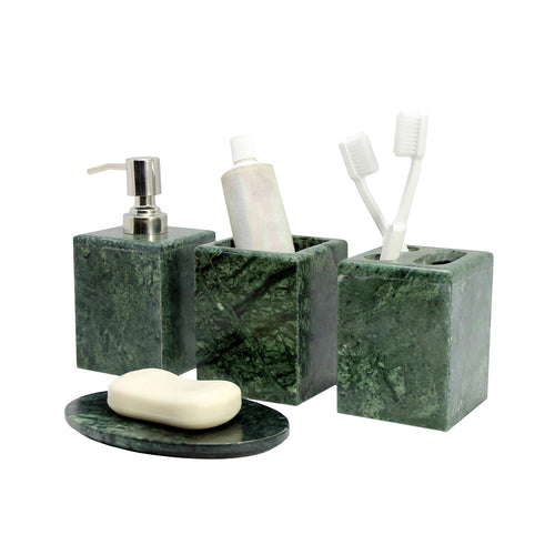 KLEO - Bathroom Accessory Set made from Natural Stone - Bath Accessories set of 4 includes Soap Dispenser, Toothbrush Holder, Tumbler and Soap Dish (Green, Grey)