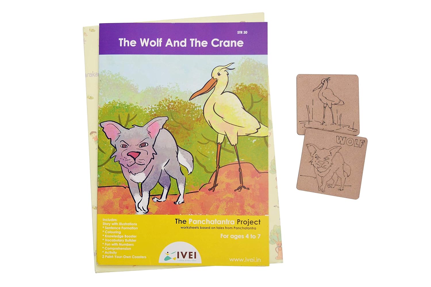 IVEI Panchatantra Kids Learning Book - Workbook and 2 DIY coasters of Panchatantra Story - Colouring Activity Worksheets - Creative Fun Activity and Education For Kids - The Wolf and the Crane ( Age 4 to 7 Years )