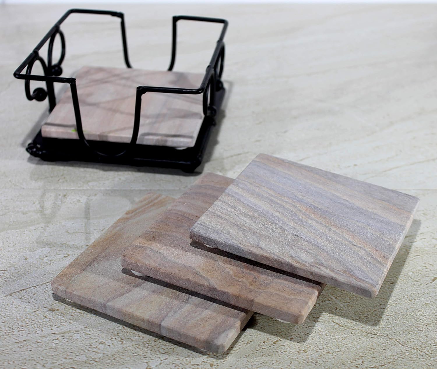 KLEO Sand Stone Tea Coffee Coasters Coaster Set Coasters with Wrought Iron Holder (Square) (Sand Colour)