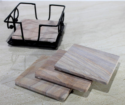 KLEO Sand Stone Tea Coffee Coasters Set with Wrought Iron Holder (Square) (Sand, Grey Colour)