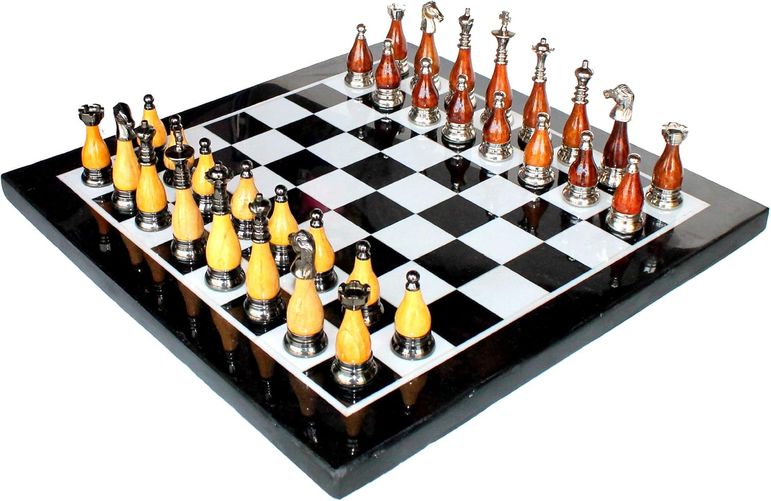 StonKraft Collectible Black & White Marble Chess Board Set + Brass Crafted Chess Pieces Pawns - Decorative Stone Chess - Home Decor - 15" Inches