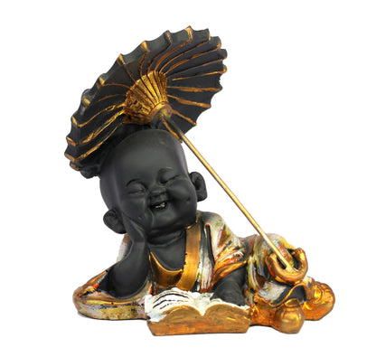 eSplanade Happy Buddha Monk Statues with Umbrella | Feng Shui Monk Figurine Showpiece - Set of 3 - Home Decor | Resin - Multi - 6.75" Inches