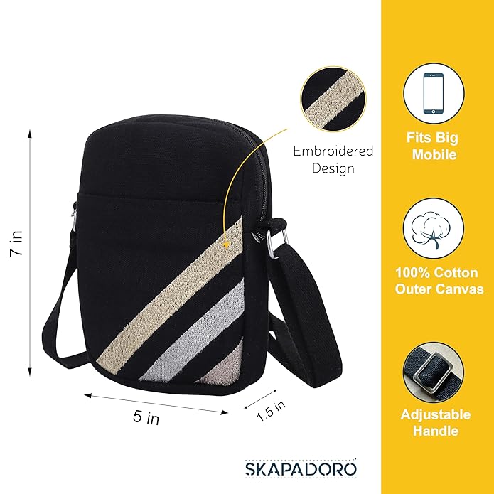 SKAPADORO Canvas Mobile Cross Body Black Sling Bag for Women Girls,100% Cotton, Embroidery, Zip Closure, Pocket, Adjustable Strap, Compact Everyday Bag - Day to Night (Black)