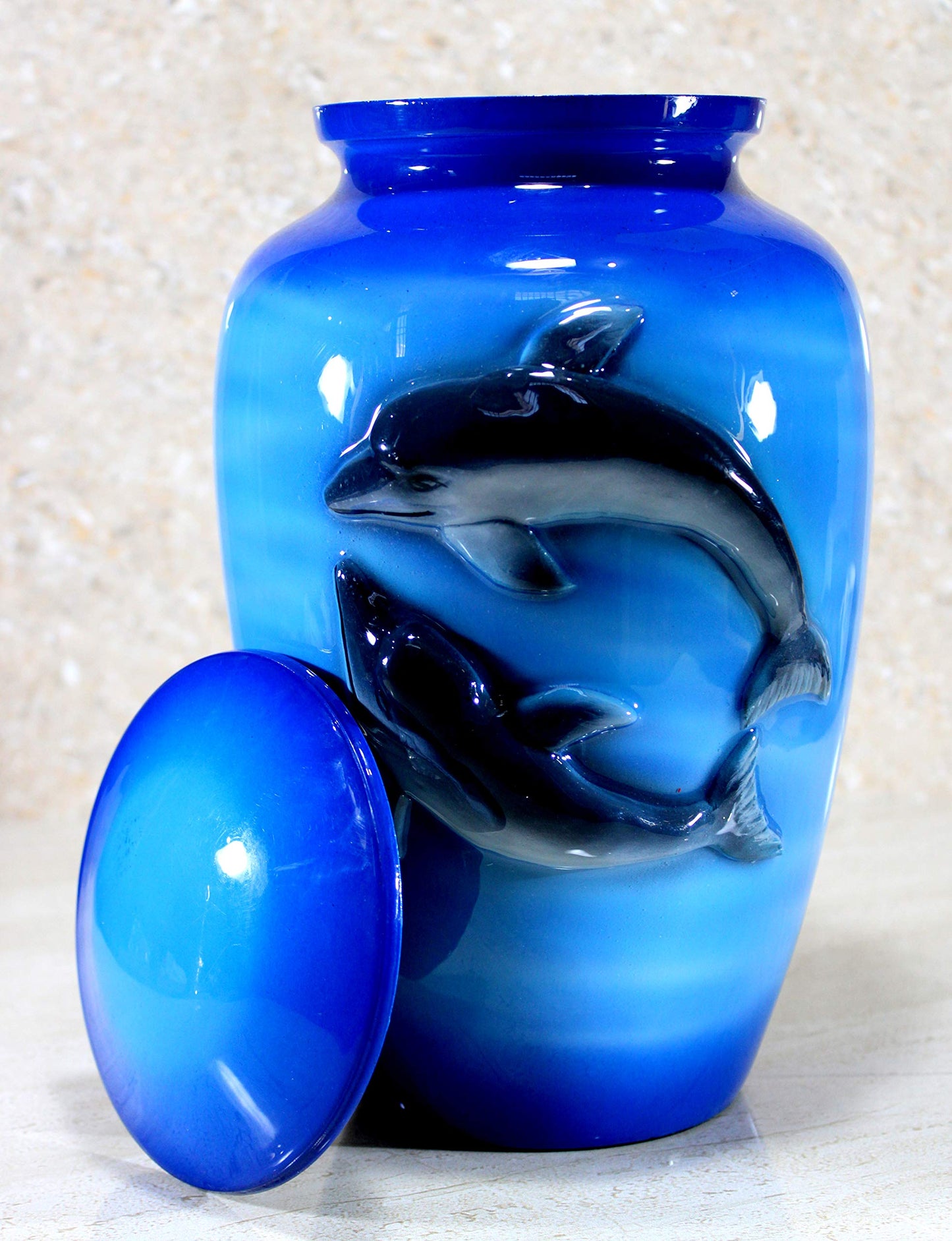 eSplanade Metal Cremation Urn Memorial Jar Pot Container | Full Size Urn for Funeral Ashes Burial | 3D Dolphin Printed | Blue-Black - 10" Inches