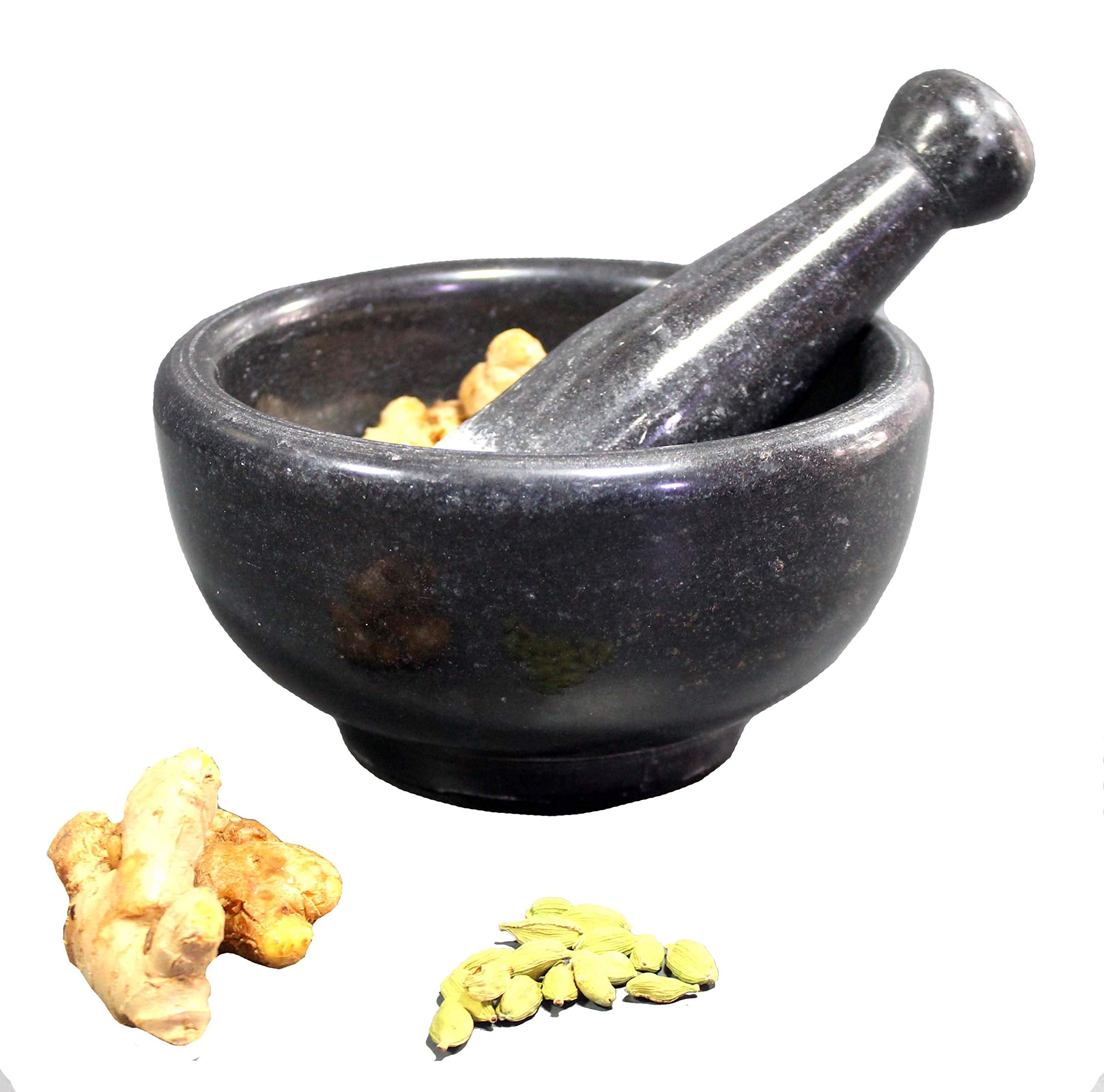 KLEO 6" Wide (BIG SIZE) Natural Stone Mortar and Pestle Set as Spice Grinder Medicine Masher - Okhli And Musal (Black & White)